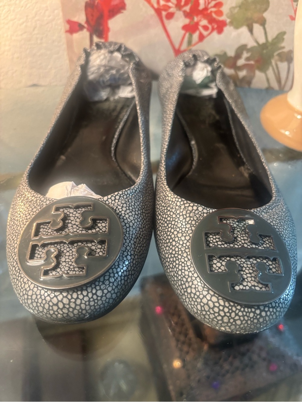 Tory Burch Silver Bluish Pebble-Print Logo Ballet Flats